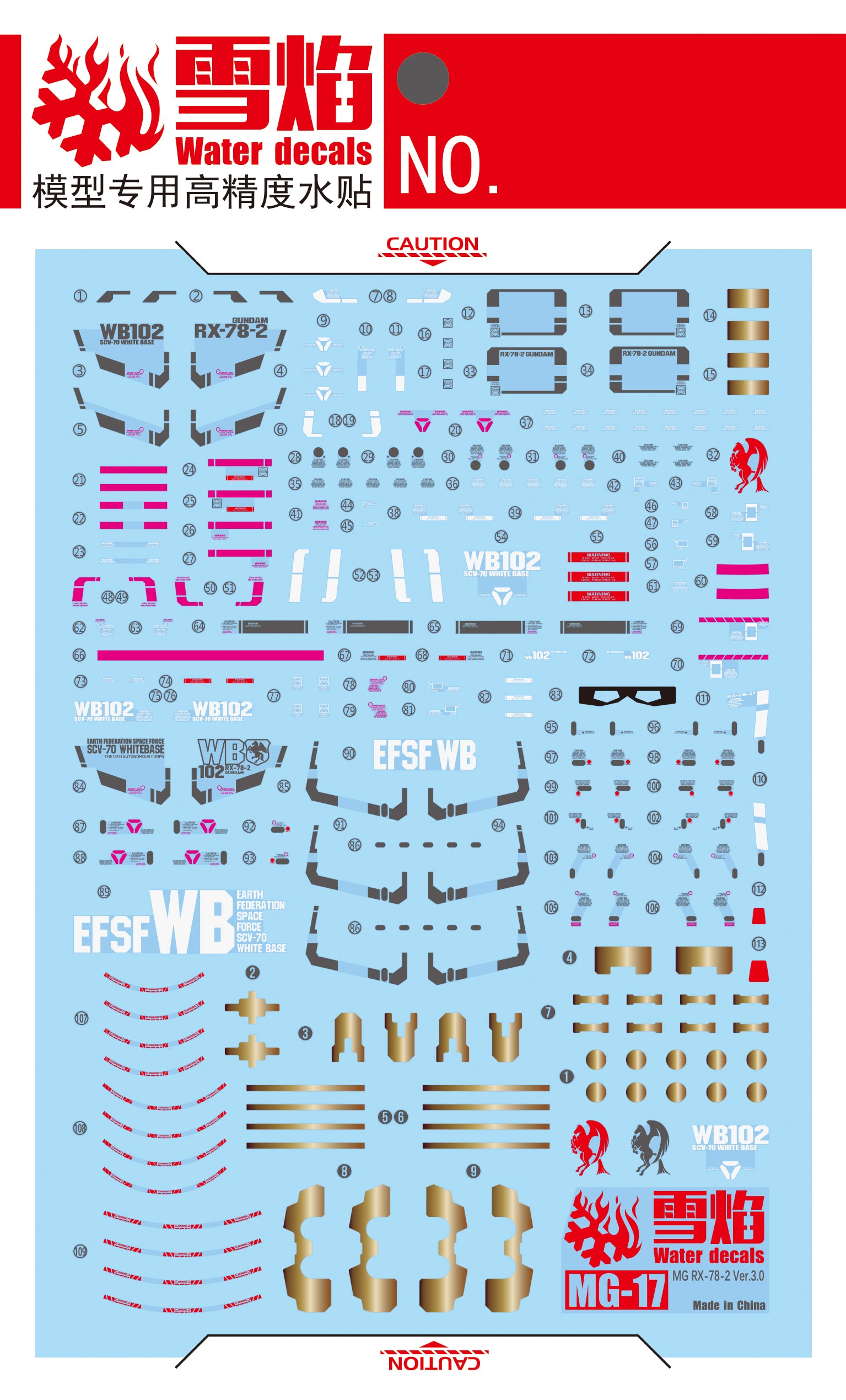 1/100 RX-78-2 Gundam Ver. 3.0 Fluorescent Waterslide Decal